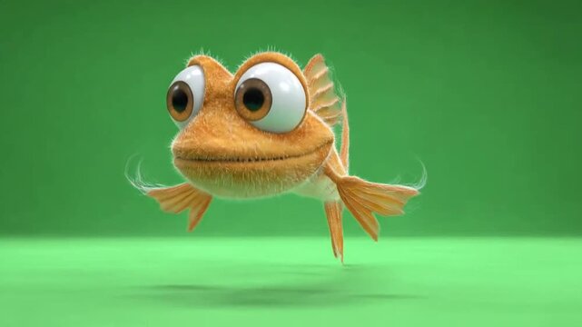 Cute orange 3D animated fish with big expressive eyes, smiling happily on a green screen for easy compositing and effects