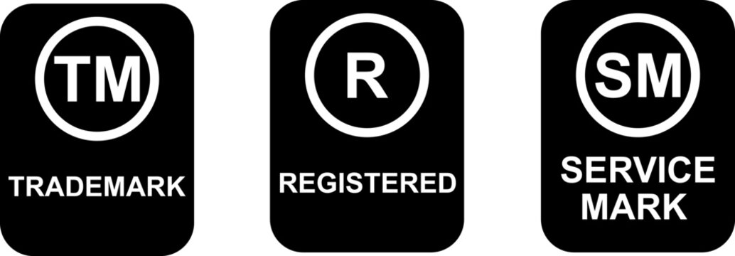 Intellectual property symbols set with rounded square backgrounds, trademark and registered and service mark text labels, legal branding vector graphic icons