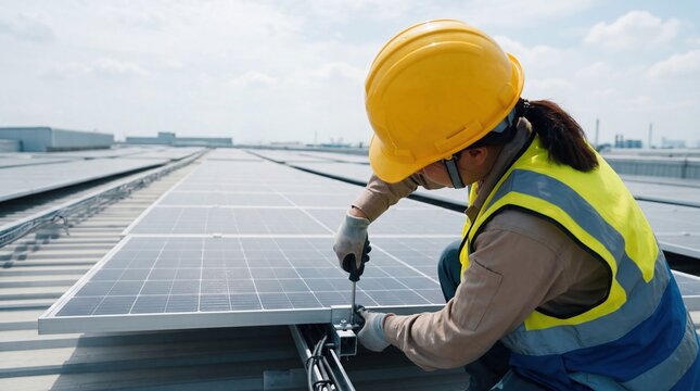 Professional worker installing solar panels on industrial roof, renewable energy concept, green technology implementation