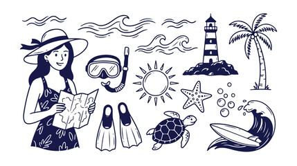 Summer beach vacation doodle set, hand drawn nautical icons and travel elements, blue ink sketch of woman tourist with map and snorkeling gear © noor