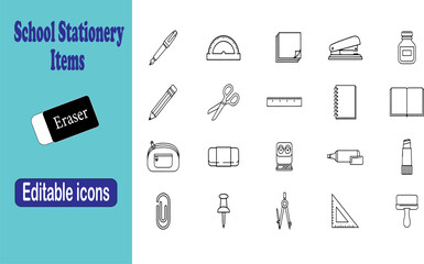 Fototapeta premium Minimalist black and white vector line art icon set of school stationery elements on white background.