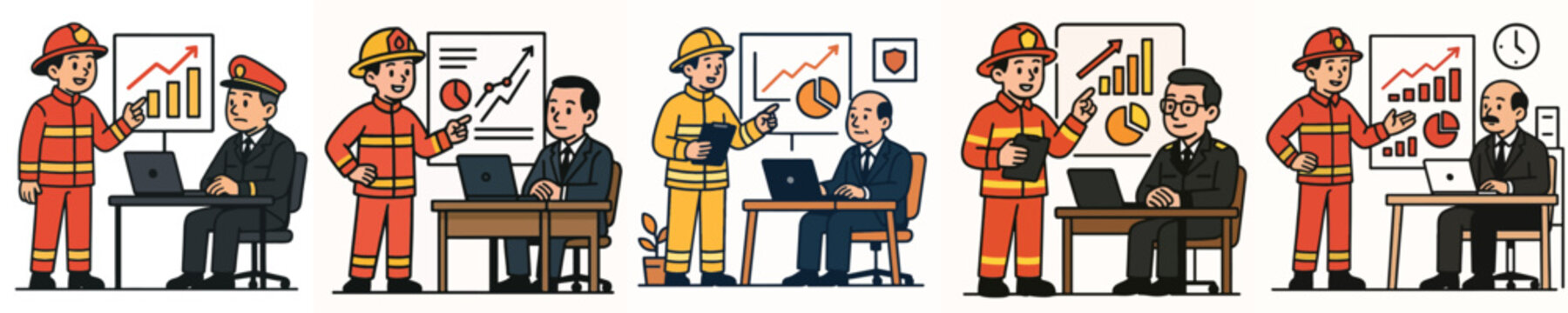 Vector set of a firefighter giving a presentation to the boss.