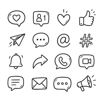 Hand drawn social media doodle icon set featuring likes, chats, notifications, email, share, hashtag, phone and video symbols isolated on white background.