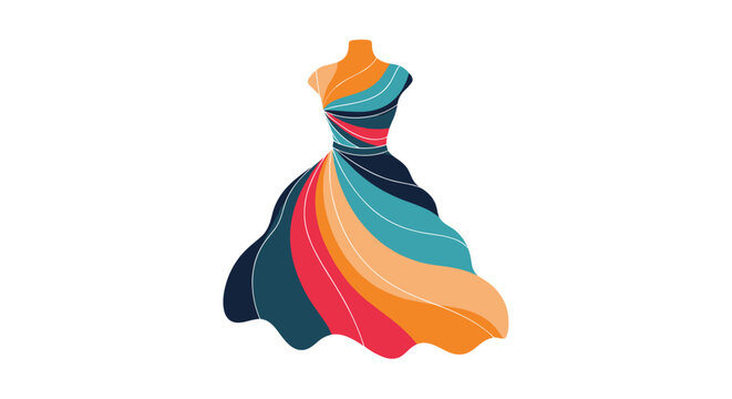 Beautiful multicolored modern cocktail dress with rainbow striped fabric displayed on a tailor dummy mannequin.