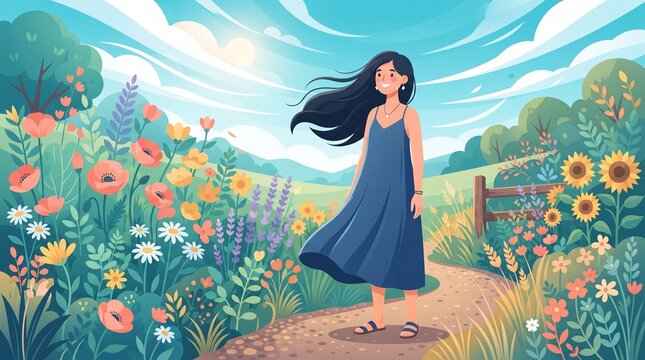 Cheerful woman in blue dress with blowing hair, smiling while walking on a path through a field of wild poppies and sunflowers under a bright sky