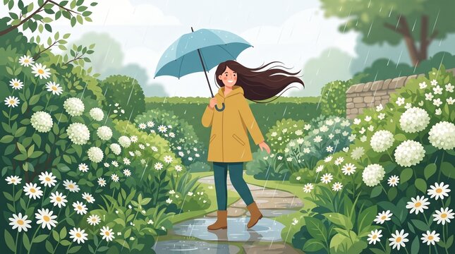 A cheerful woman wearing a yellow raincoat walks through a blooming garden in the rain under a blue umbrella.
