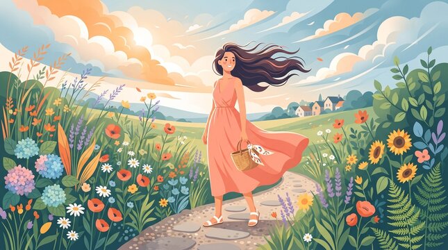 Lush summer meadow with a walking woman. Ideal for stock websites, travel posters, greeting cards, and editorial content for wellness, nature, and adventure topics.