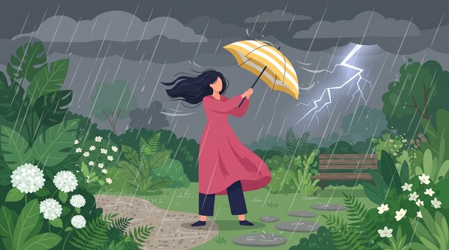 Woman struggles with an umbrella during a severe thunderstorm in a park