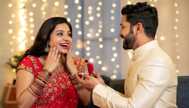 Young Indian man in traditional sherwani proposing to a surprised woman in a red saree with a ring box, romantic couple celebrating engagement against a warm bokeh background.