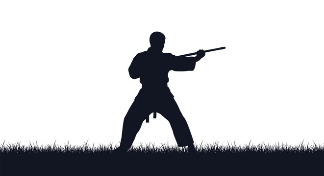 Silhouette of a martial arts master practicing with a traditional bo staff on a grassy field against bright sky.