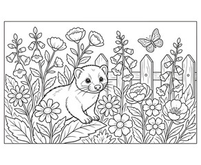 Fototapeta premium Small ferret sitting in garden among flowers and butterflies near wooden fence.