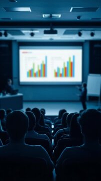 Corporate business presentation in a dark conference hall with a professional speaker showing data charts to an attentive audience