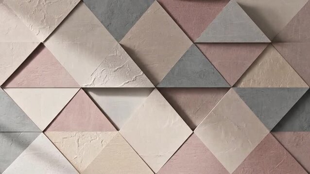 Abstract geometric wall texture with pastel colored triangular tiles creating a modern three-dimensional pattern and subtle shadows.