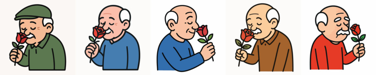 Obraz premium Set of vector illustrations of a grandfather smelling a rose