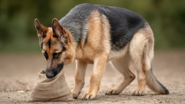 Alert young German shepherd dog sniffing and inspecting a burlap sack bag outdoors on ground with blurred natural background in daylight