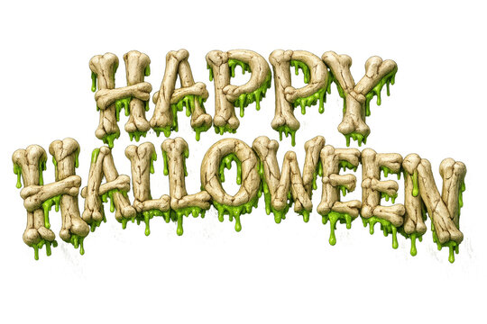 Happy halloween text made of realistic human bones covered in dripping green slime isolated on transparent background