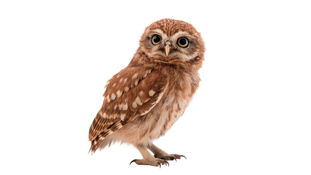 Cute little wild owl bird standing looking forward isolated on transparent background cut out