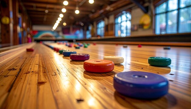 Close up view of colorful shuffleboard pucks resting on a polished wooden game table inside a blurred indoor recreation center venue.