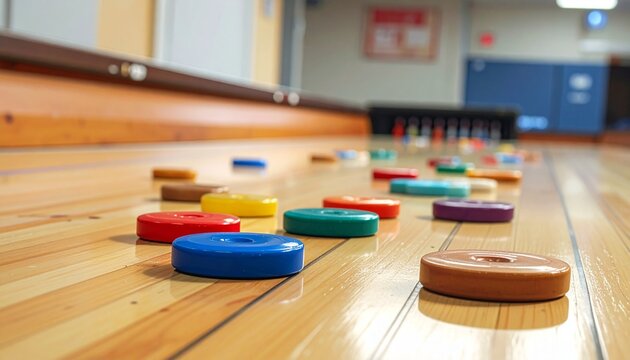 Close up view of colorful shuffleboard pucks scattered across a wooden playing surface in an indoor recreation center setting for fun.