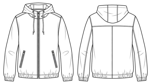 Zip Up Hooded Windbreaker Flat Sketch, Front and Back Technical Fashion Illustration, Vector Line Art for Outerwear Tech Pack