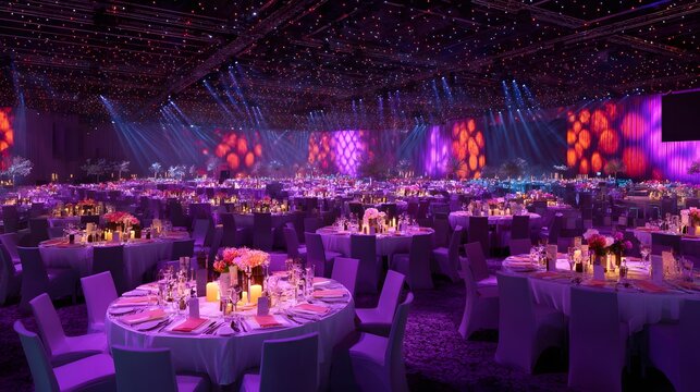 Elegant Gala Dinner Event with Purple Lighting and Table Settings.