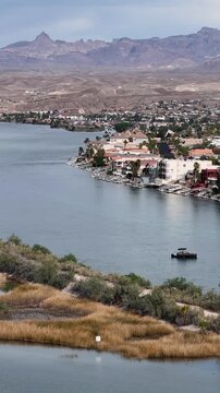 Vertical Drone Shot, Laughlin Town and Bog Bend of Colorado River, Nevada USA