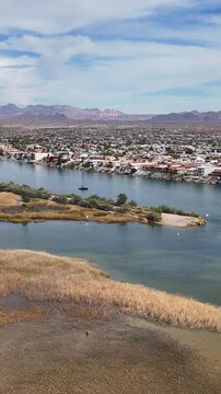 Vertical Drone Shot of COlorado River Big Band and Laughlin Town in Nevada USA