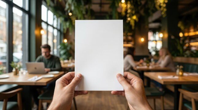Person holding a blank white menu card in a cozy restaurant with blurred interior background