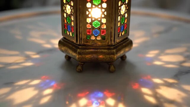 Intricate moroccan lantern casting colorful starburst patterns and geometric shadows on marble surface, ambient warm light