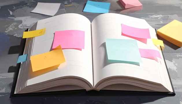 Open book with colorful sticky notes for planning and organization lying on a desk to manage professional tasks and daily productivity goals.