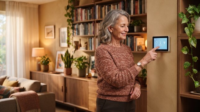 Cheerful elderly woman interacting with a smart home automation screen mounted on the wall in a warm living room.
