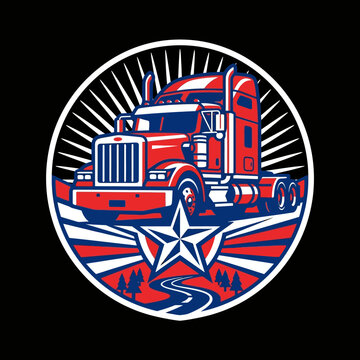 A patriotic red and blue semi truck graphic emblem