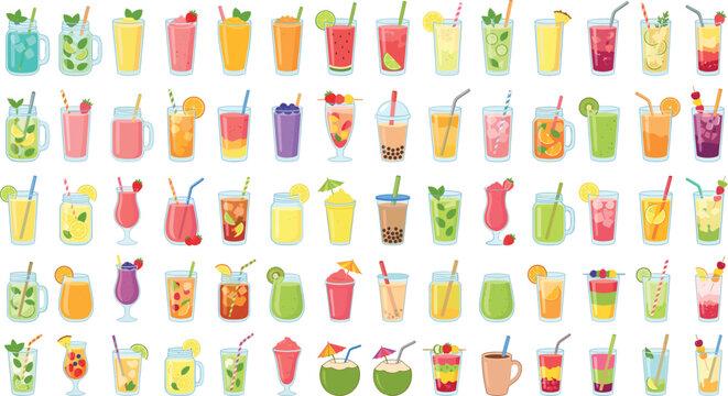 Fresh fruit smoothies and summer cocktail drinks set, colorful beverage glasses vector elements for template