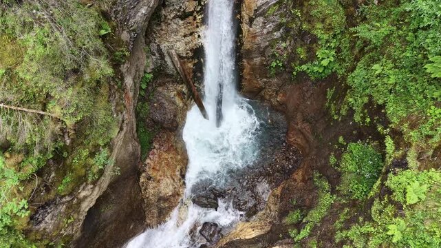 Flattach, Austria - June 12 2026: Raggaschlucht watterfalls and hiking trail. River Ragga. Drone footage. Drone flying over. Aerial footage. Following a bird flying over the river.