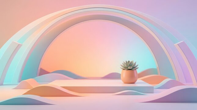 Minimalist Product Display Stand with Pastel Arch and Succulent Plant in a Soft Dreamy Atmosphere