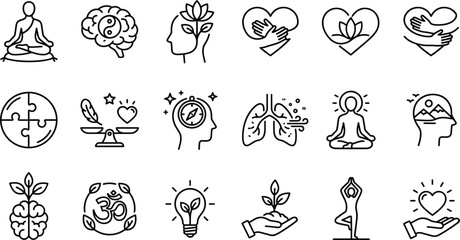 Fototapeta premium Mental Health and Wellness Icon Set Featuring Meditation Yoga Brain Balance Lotus Flowers Heart Care and Mindfulness Symbols in Line Art Style