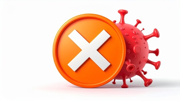 A 3d rendered conceptual representation of a red virus particle blocked by a bright orange circular sign with a white x mark symbol inside.