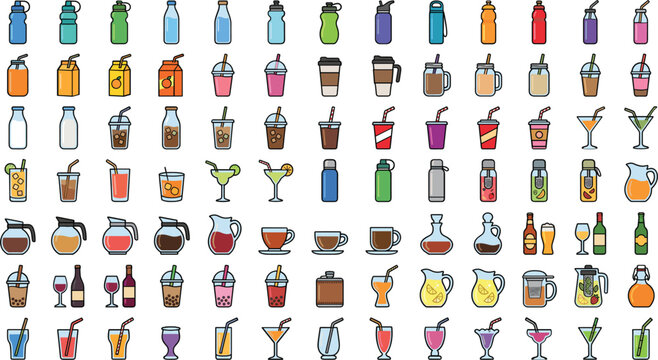 Drinks takeaway cups and bottles flat icons set, colorful beverage containers vector elements for template