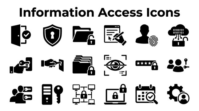 A collection of black silhouette icons representing information access, data security, and digital identity protection.