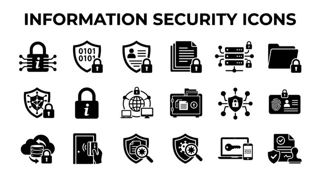 Set of Black Silhouette Information Security Icons Representing Data Protection and Cyber Safety