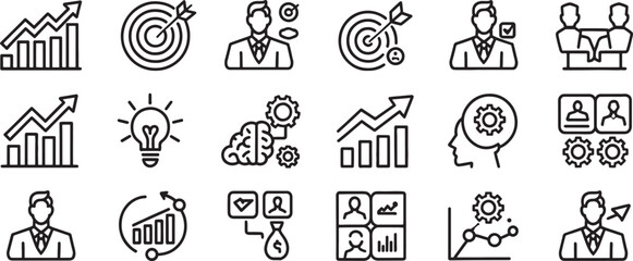 Fototapeta premium Business Growth, Marketing Targets, Analytics and Coaching Icons Set with Thin Lines for Strategy and Management Concept