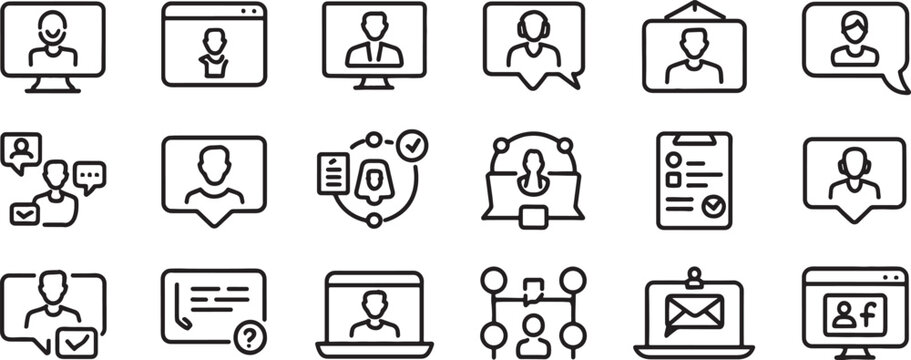 Customer Service Icons Set with User Avatar, Chat Bubbles, Monitor Screens, Email, Document, and Verification Symbols