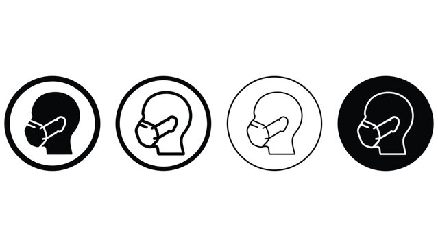 Four black and white icons of people wearing face masks