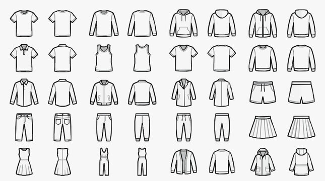 Professional Set of 50 Monochrome Clothing Items for Fashion Design Catalogs or Apparel Branding