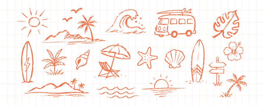 Orange Hand Drawn Summer Surf and Beach Doodle Icon Set on Grid Background