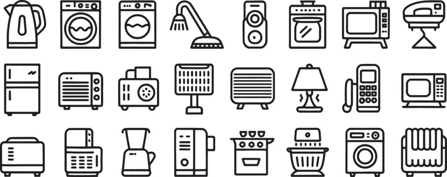 Kitchen Appliance Icons Set with Flat Line Art Symbols for Coffee Maker, Blender, Microwave, Fridge, and Dishwasher