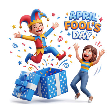 3D cartoon characters celebrating april fools day surprise gift