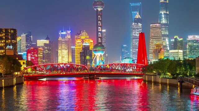Shanghai city and Huangpu river at night, China.