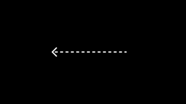Left arrow direction icon with dotted line animation on black background. dot arrows icon sign animated with alpha channel. white straight arrows animation.