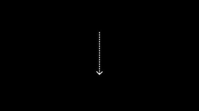 Down arrow direction icon with dotted line animation on black background. dot arrows icon sign animated with alpha channel.